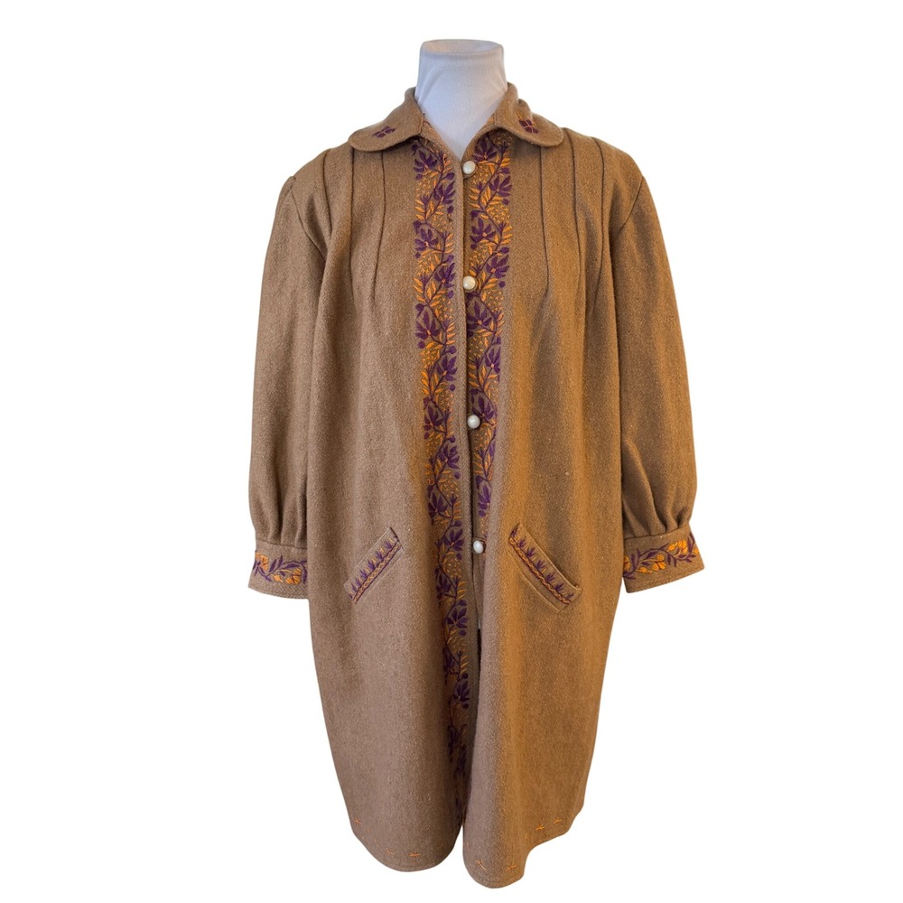 Unbranded Embroidered Long Coat Women Large Brown Floral Folk Art Boho Statement - Picture 1 of 4